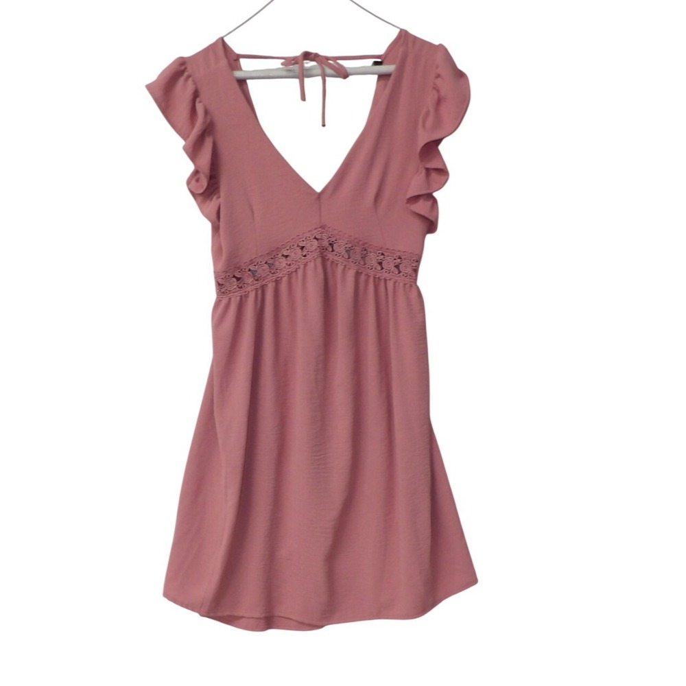 Adara Womens Dusty Rose Pink Ruffle Open Back Crochet Lace Mini Dress Small